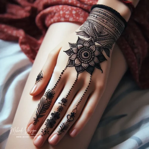 Black hand mehndi designs are gaining popularity for their bold and striking appearance. Unlike traditional red or brown henna, black mehndi stands out with its deep, intense color. These designs are perfect for those who want a dramatic and eye-catching look for special occasions.